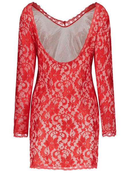 Plunging Neckline Long Sleeve Backless Lace Dress