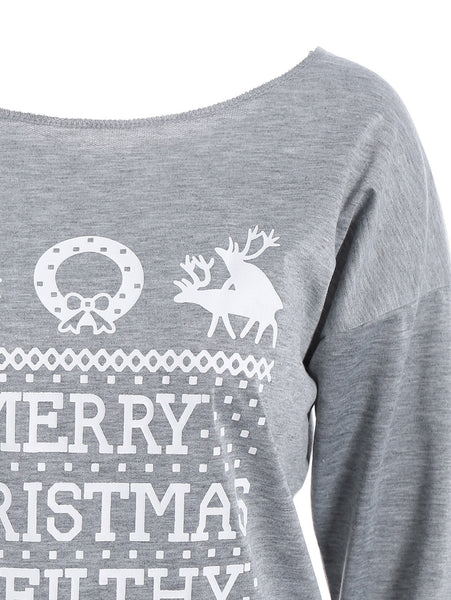 Skew Neck Merry Christmas Print Sweatshirt