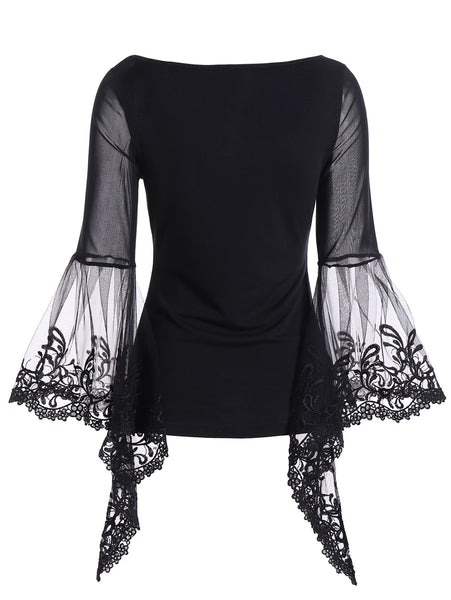 V Neck Bell Sleeve Sheer Lace Panel T-Shirt
