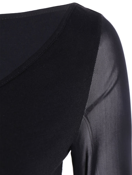 V Neck Bell Sleeve Sheer Lace Panel T-Shirt