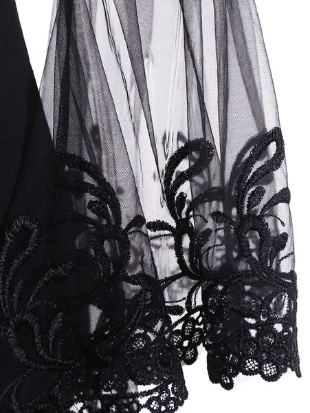 V Neck Bell Sleeve Sheer Lace Panel T-Shirt