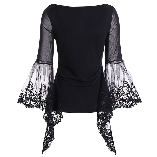 V Neck Bell Sleeve Sheer Lace Panel T-Shirt