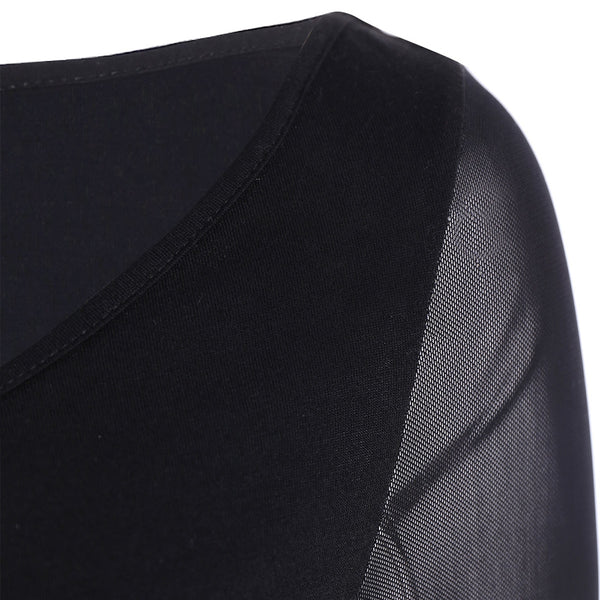 V Neck Bell Sleeve Sheer Lace Panel T-Shirt