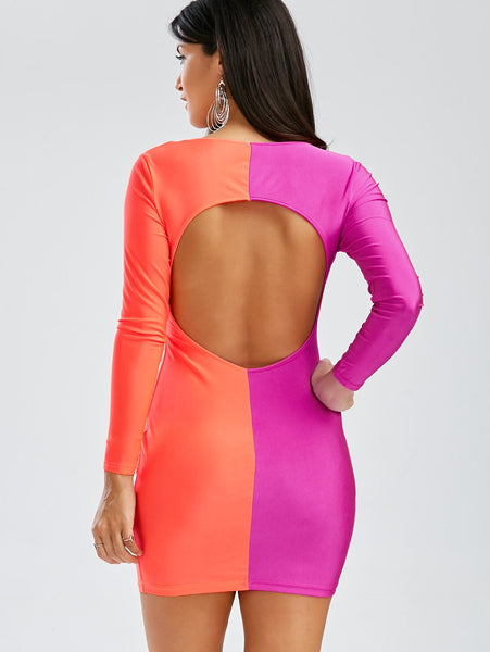 Long Sleeves Plunging Neck Off Breast Stitching Backless Packet Buttock Women's Cut Out Club Dress