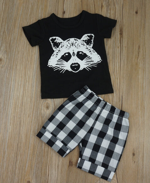 New Baby Kid fox head plaid striped short sleeved shorts suit outfits