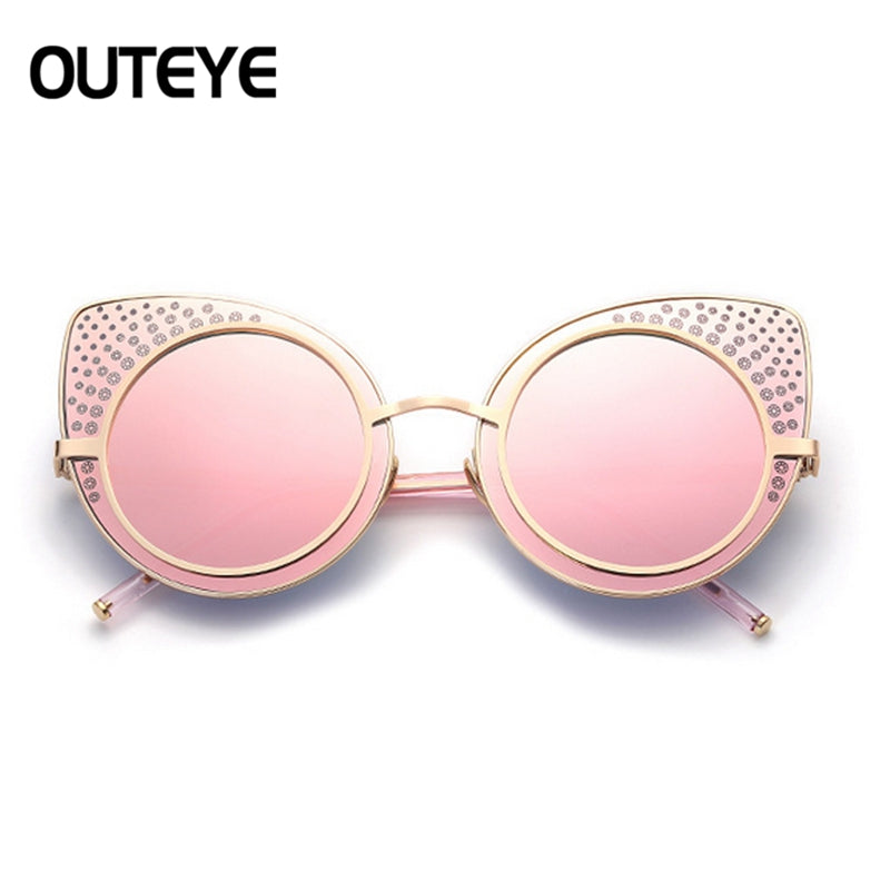 Large Oversized Cat Eye Sunglasses Flat Mirrored Lens Metal Frame Women Fashion