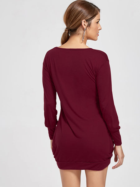 Stylish Plunging Neck Long Sleeve Solid Color Pocket Design Women Dress
