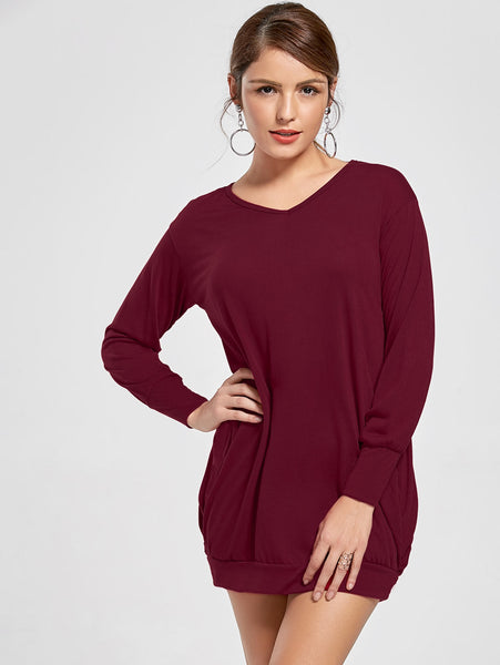 Stylish Plunging Neck Long Sleeve Solid Color Pocket Design Women Dress