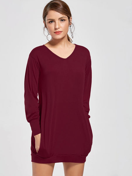 Stylish Plunging Neck Long Sleeve Solid Color Pocket Design Women Dress