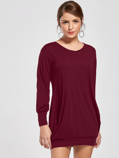 Stylish Plunging Neck Long Sleeve Solid Color Pocket Design Women Dress