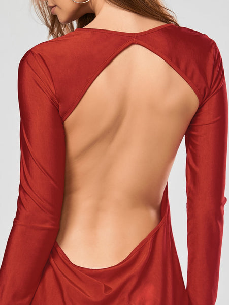 Alluring Scoop Collar Solid Color Backless Long Sleeves Women's Bodycon Dress