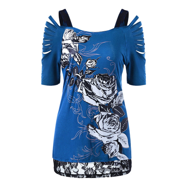 Ripped Lace Trim Floral T-Shirt