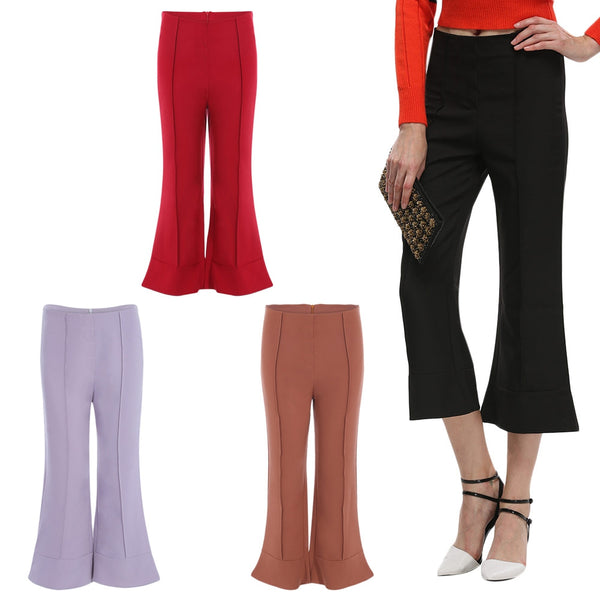 Mid Waist Wide Leg Zipper Bell Bottoms Women Pants