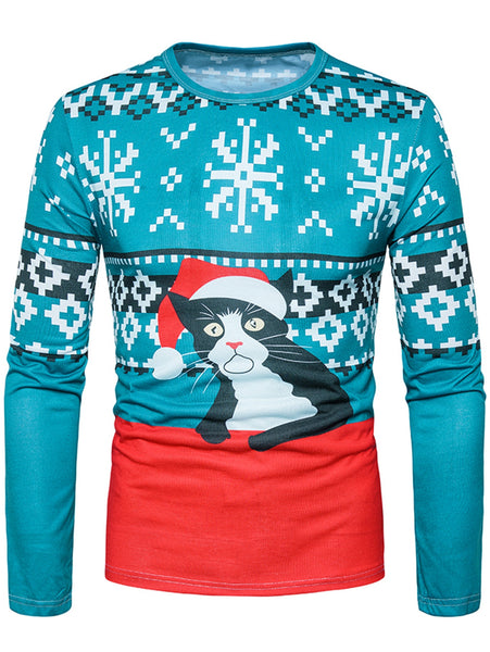 Crew Neck 3D Cat Geometric Print Christmas T-shirt
