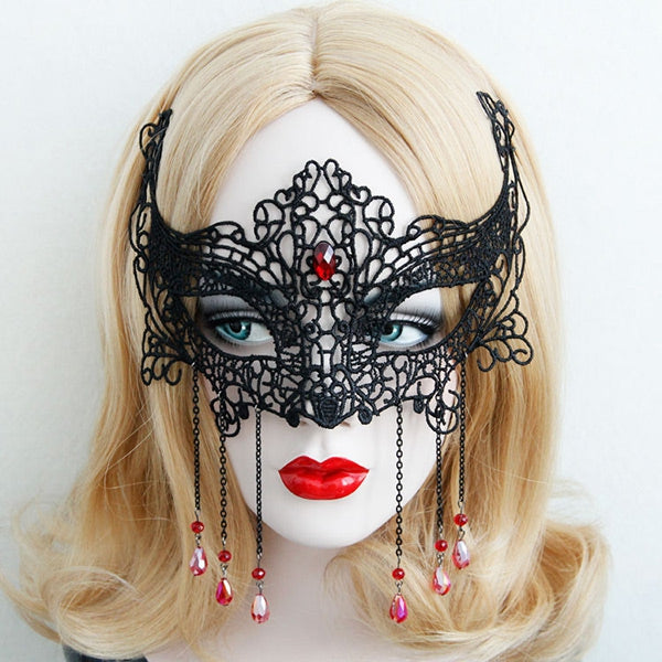 Halloween Faux Ruby Teardrop Lace Party Mask