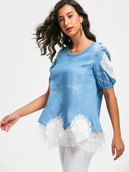 Sweet Scoop Neck Lace Splicing Diamante 1/2 Sleeve Denim Women's Blouse