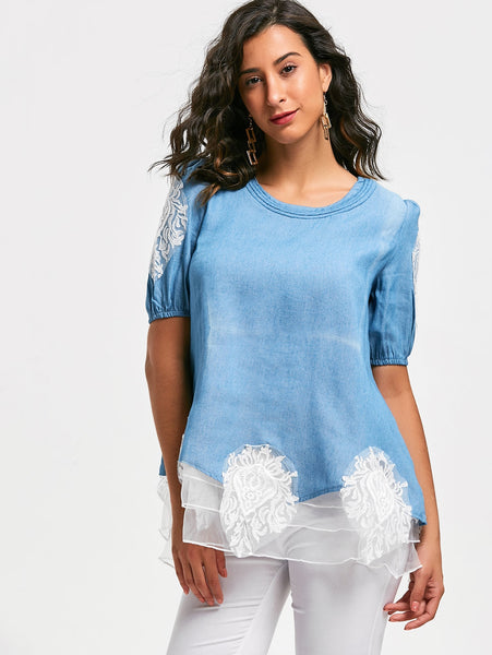 Sweet Scoop Neck Lace Splicing Diamante 1/2 Sleeve Denim Women's Blouse