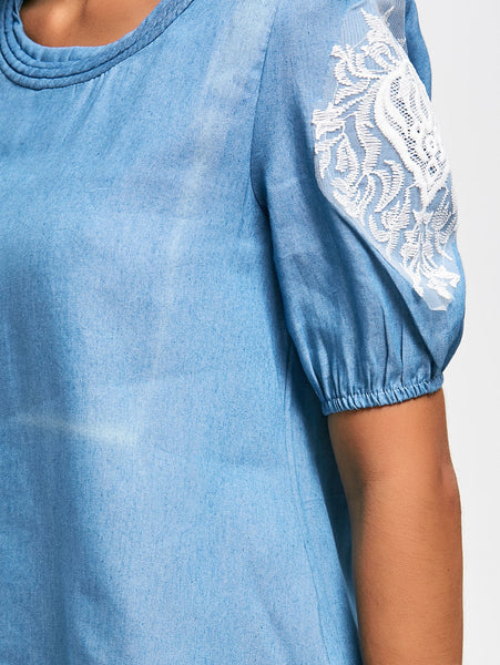 Sweet Scoop Neck Lace Splicing Diamante 1/2 Sleeve Denim Women's Blouse