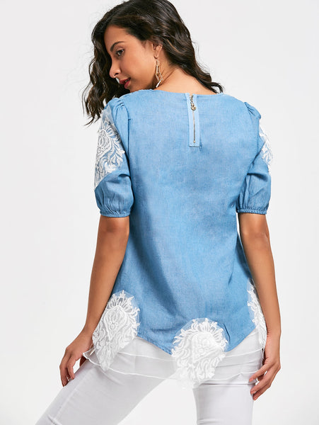 Sweet Scoop Neck Lace Splicing Diamante 1/2 Sleeve Denim Women's Blouse