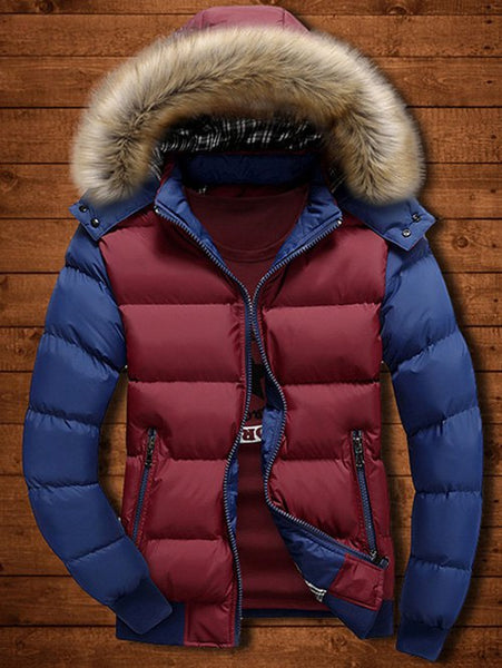 Detachable Faux Fur Hood Zip Up Two Tone Quilted Jacket