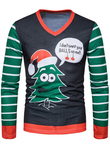 V Neck Christmas Cartoon Stripe Print Ugly T-shirt