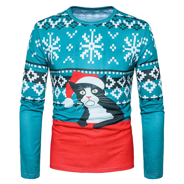 Crew Neck 3D Cat Geometric Print Christmas T-shirt