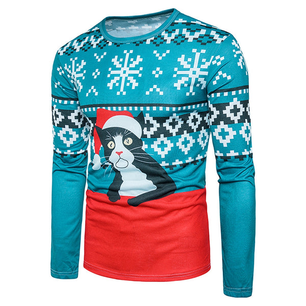 Crew Neck 3D Cat Geometric Print Christmas T-shirt