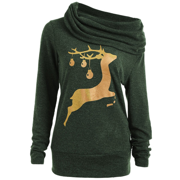 Elk Deer Print Cowl Neck Pullover Sweatshirt