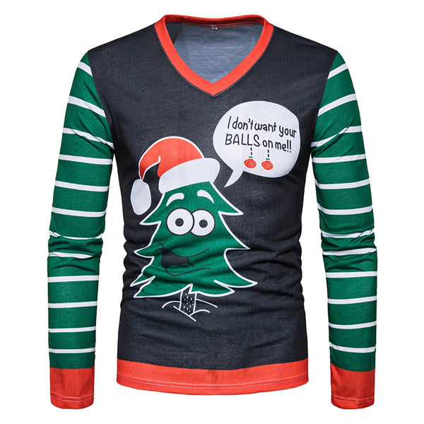 V Neck Christmas Cartoon Stripe Print Ugly T-shirt