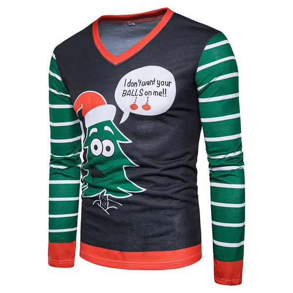 V Neck Christmas Cartoon Stripe Print Ugly T-shirt