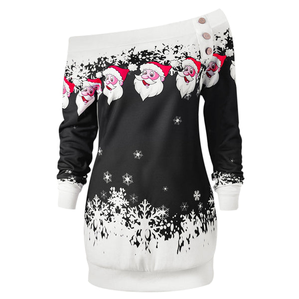 Santa Claus Snowflake Skew Neck Pullover Christmas Sweatshirt
