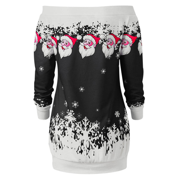 Santa Claus Snowflake Skew Neck Pullover Christmas Sweatshirt
