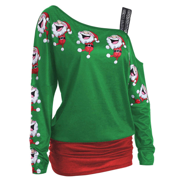 Cold Shoulder Santa Claus Laugh Print T-shirt