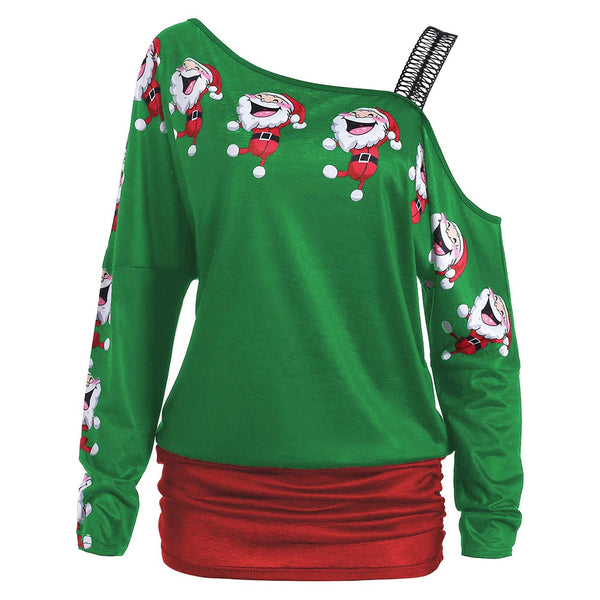 Cold Shoulder Santa Claus Laugh Print T-shirt
