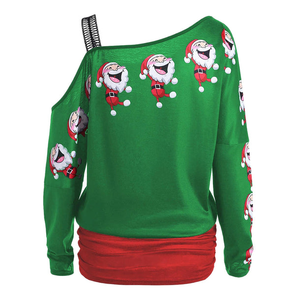 Cold Shoulder Santa Claus Laugh Print T-shirt