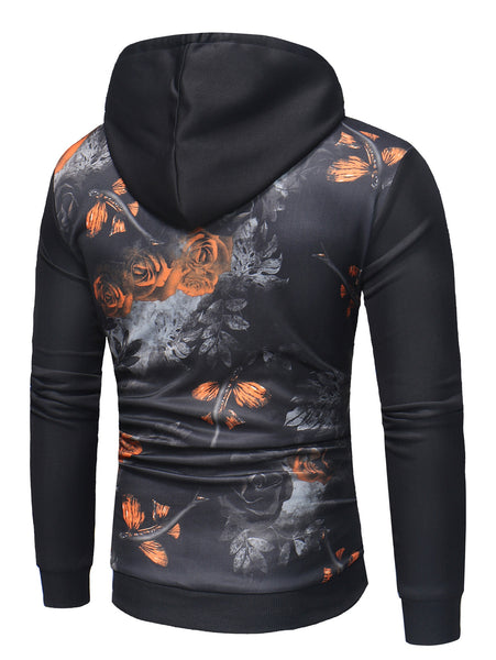 Kangaroo Pocket Rose Print Pullover Hoodie