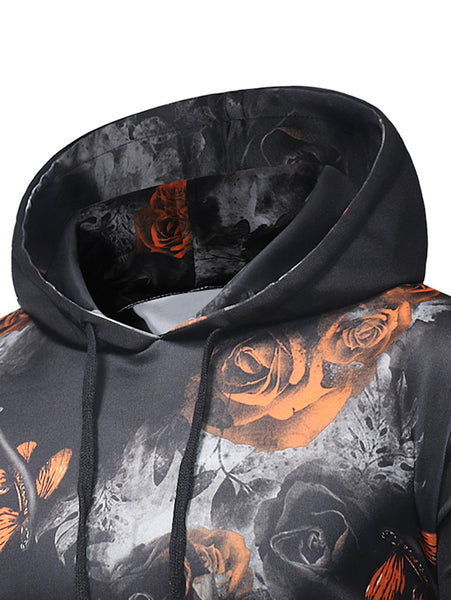 Kangaroo Pocket Rose Print Pullover Hoodie