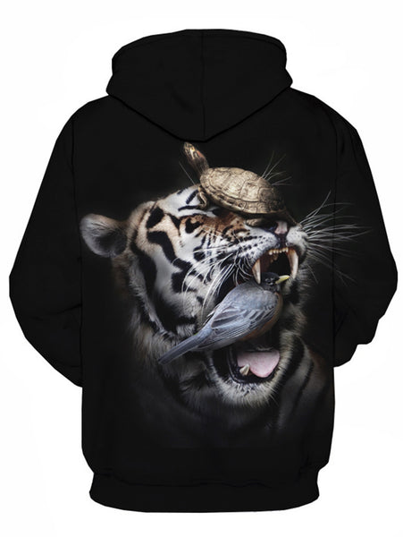 3D Tiger Bird Tortoise Print Pullover Hoodie