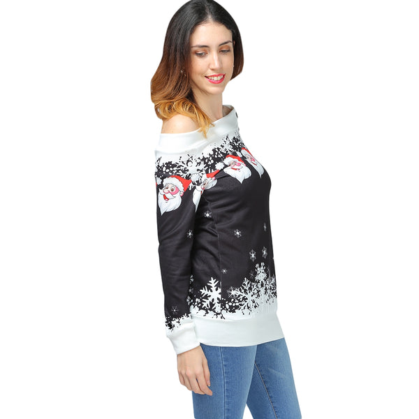 Santa Claus Snowflake Skew Neck Pullover Christmas Sweatshirt