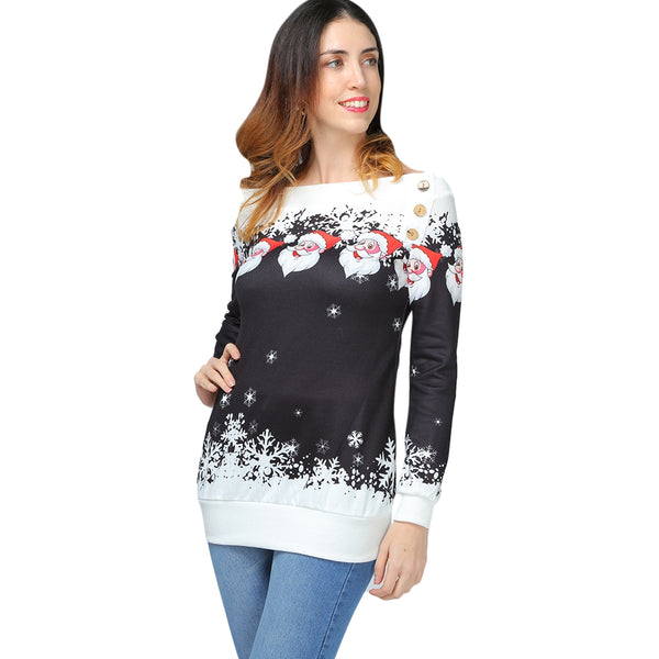 Santa Claus Snowflake Skew Neck Pullover Christmas Sweatshirt