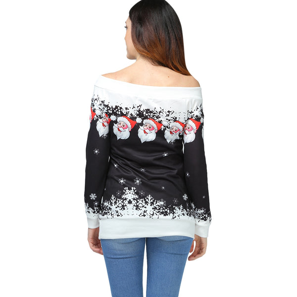 Santa Claus Snowflake Skew Neck Pullover Christmas Sweatshirt