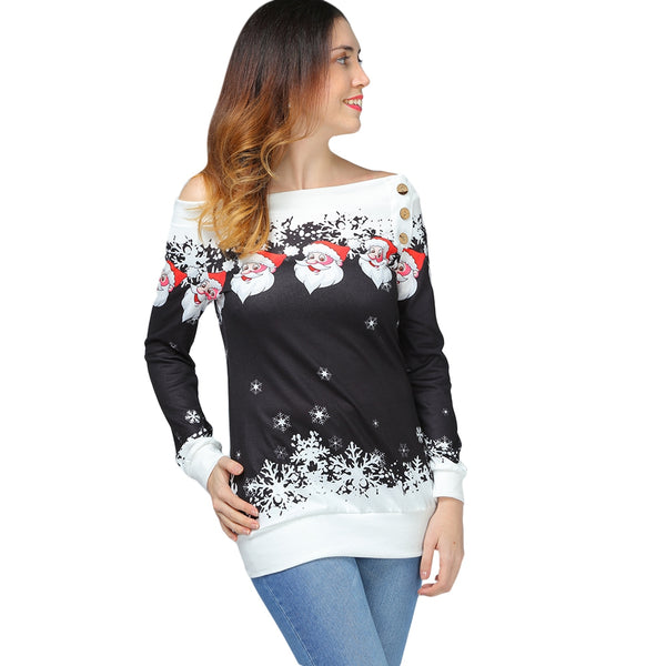 Santa Claus Snowflake Skew Neck Pullover Christmas Sweatshirt