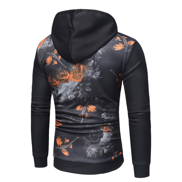 Kangaroo Pocket Rose Print Pullover Hoodie
