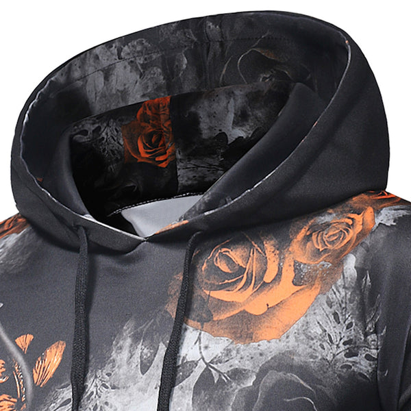 Kangaroo Pocket Rose Print Pullover Hoodie
