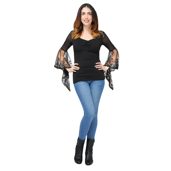 V Neck Bell Sleeve Sheer Lace Panel T-Shirt