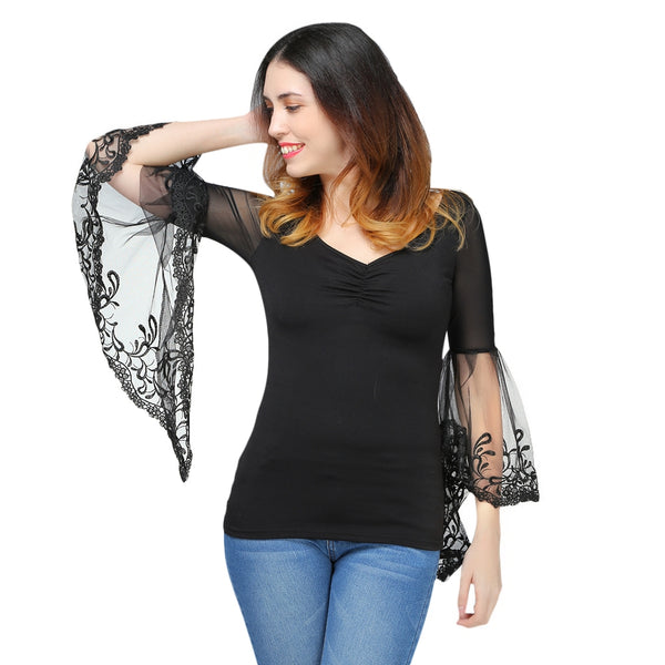 V Neck Bell Sleeve Sheer Lace Panel T-Shirt