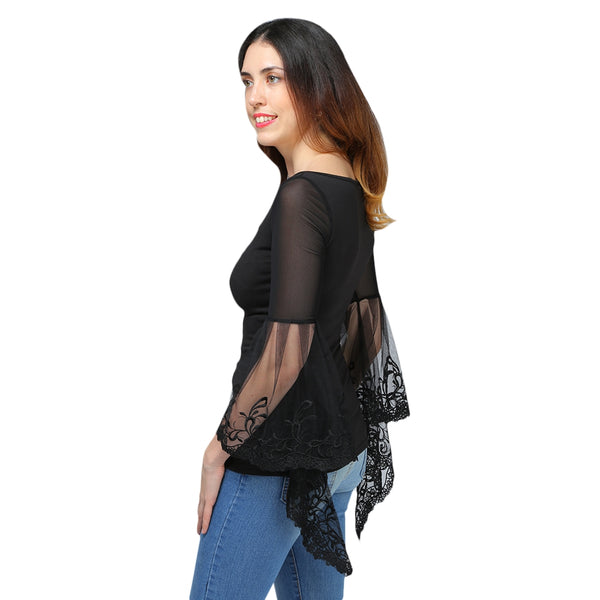 V Neck Bell Sleeve Sheer Lace Panel T-Shirt