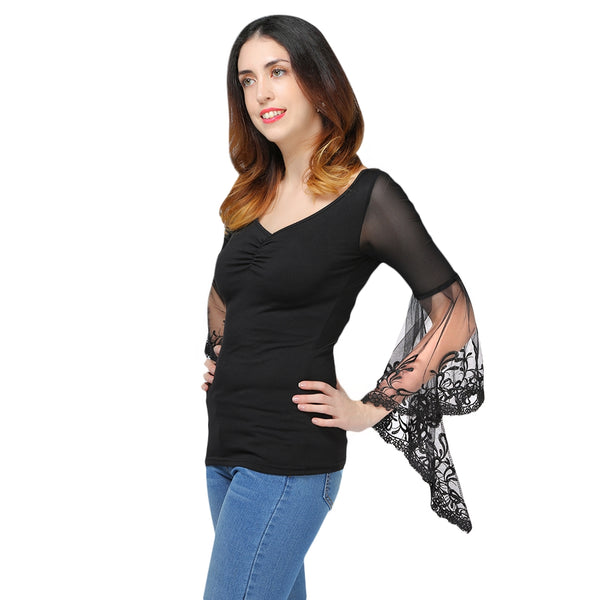 V Neck Bell Sleeve Sheer Lace Panel T-Shirt