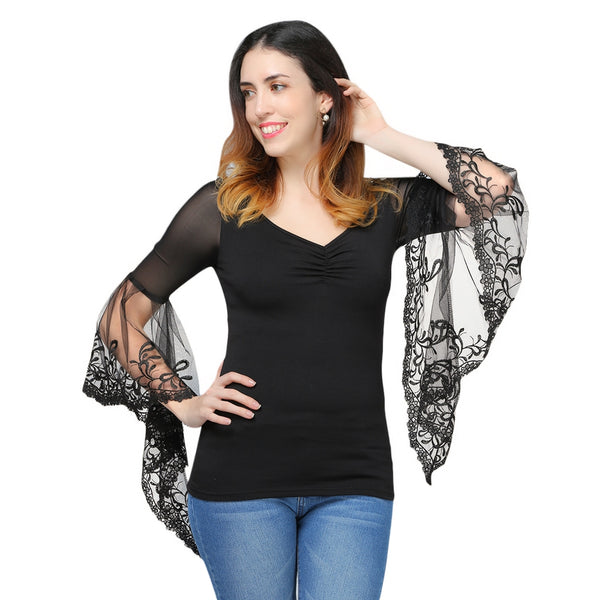 V Neck Bell Sleeve Sheer Lace Panel T-Shirt