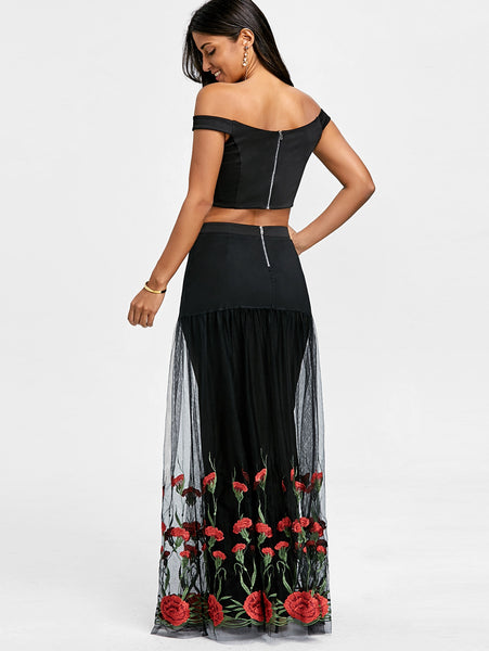 Bardot Floral Embroidery Two Piece Dress